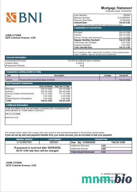 USA Teksas BNI Bank wyciąg z kredytu hipotecznego w formatach Word i PDF